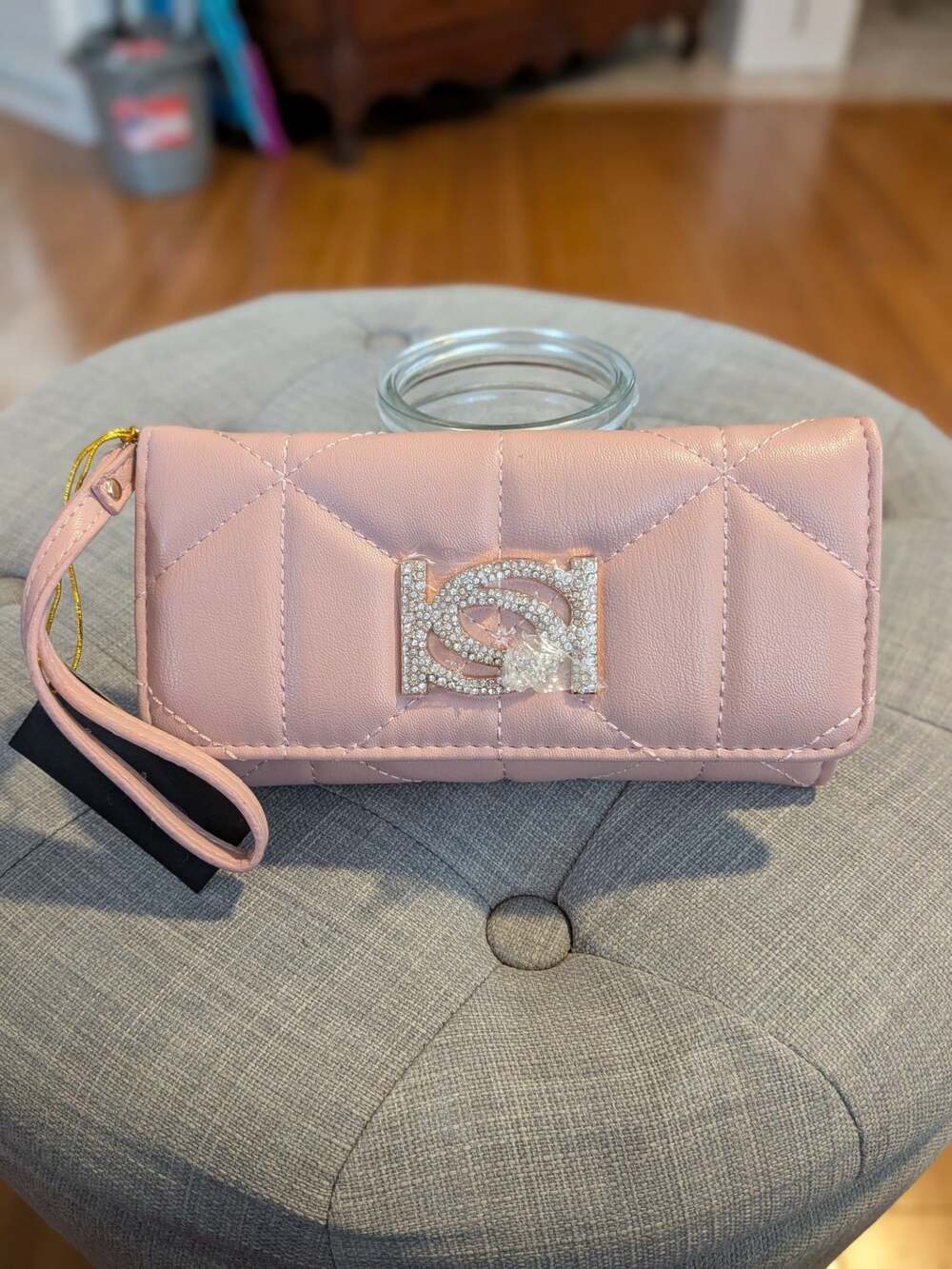 bebe Zaza Bling Trifold Wallet Wristlet Blush Pink Rhinestone Logo New